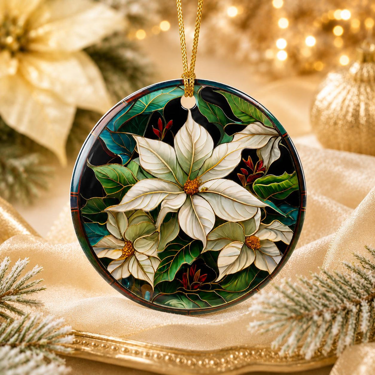 White Poinsettia Ceramic Ornament, Stained Glass Inspired Christmas Keepsake, Personalized Gift