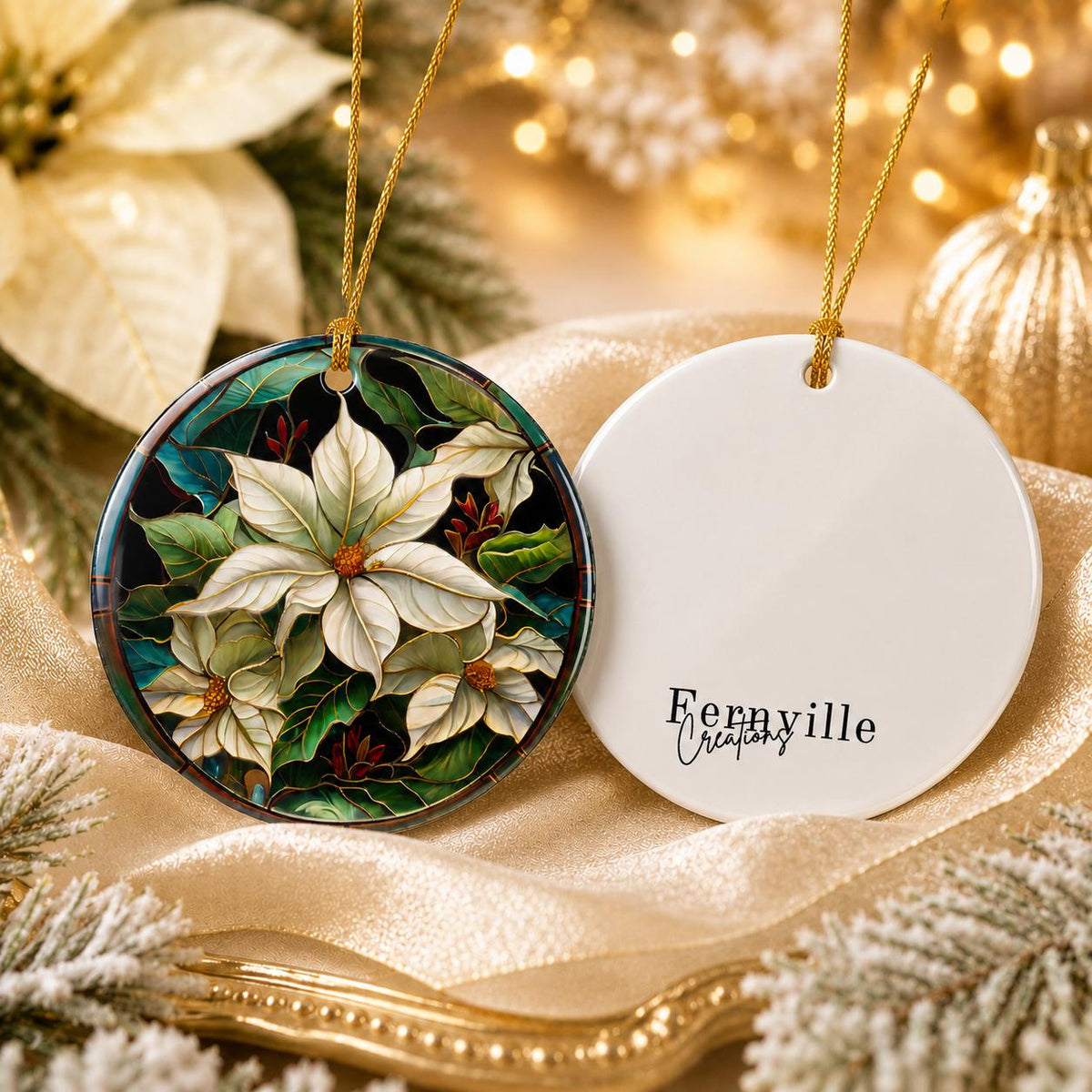 White Poinsettia Ceramic Ornament, Stained Glass Inspired Christmas Keepsake, Personalized Gift