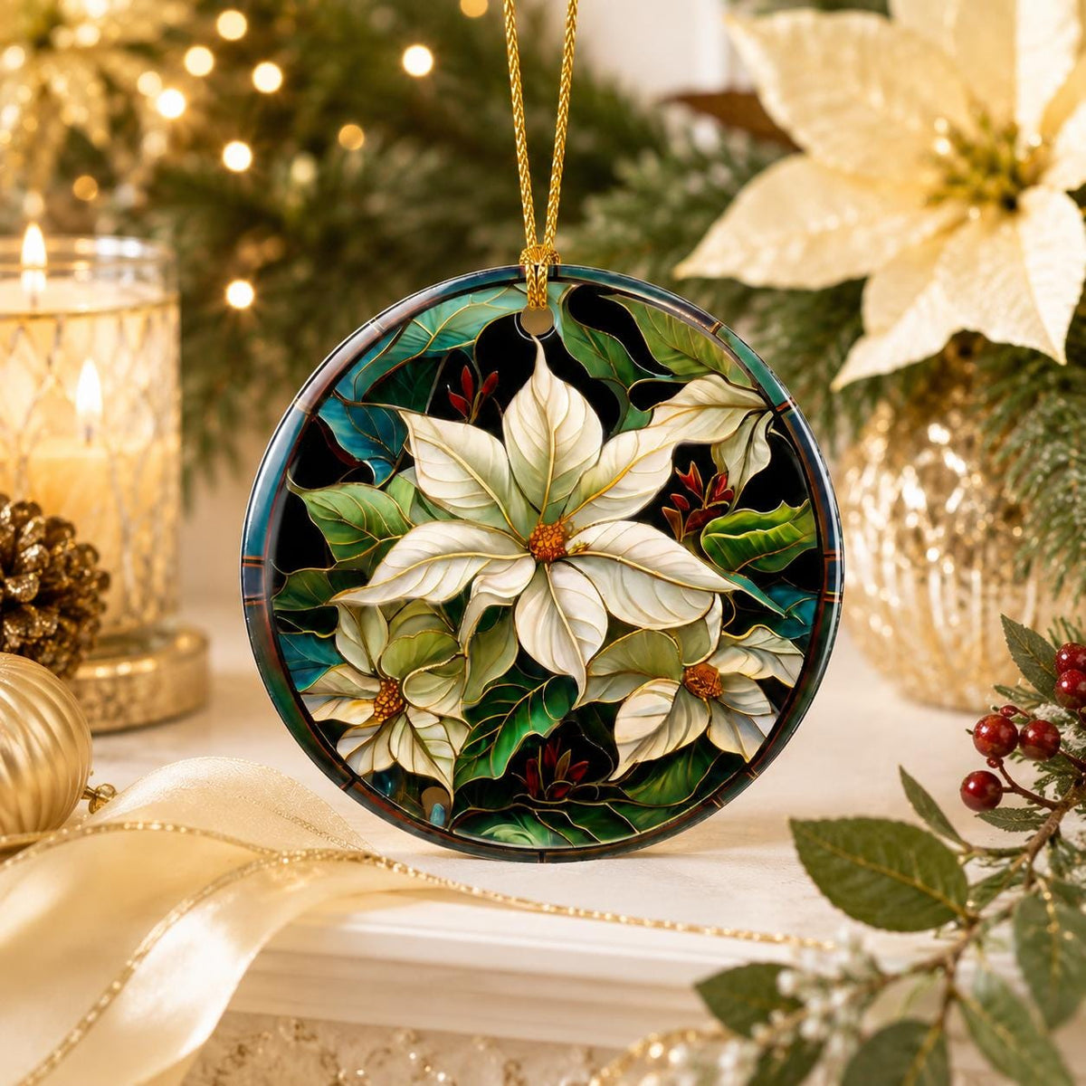White Poinsettia Ceramic Ornament, Stained Glass Inspired Christmas Keepsake, Personalized Gift