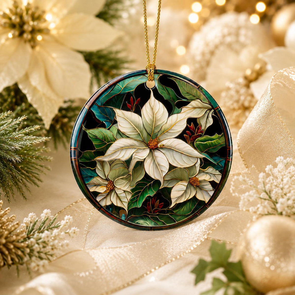 White Poinsettia Ceramic Ornament, Stained Glass Inspired Christmas Keepsake, Personalized Gift