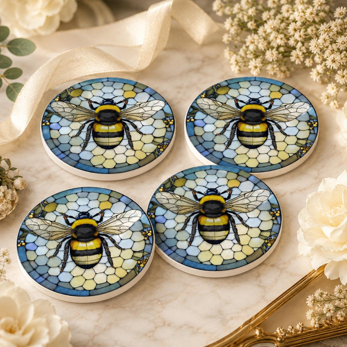 Bumblebee Ceramic Coaster, Garden-Inspired Bee Art, Nature Lover Gift