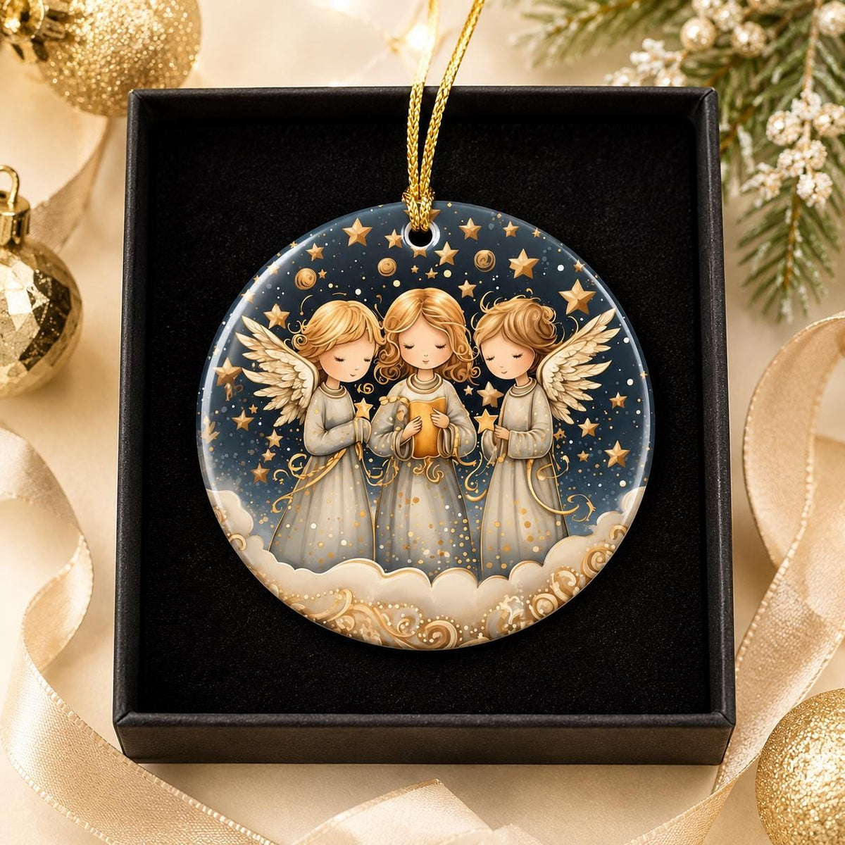 Three Angels Ceramic Ornament, Celestial Christmas Keepsake, Personalized Holiday Décor