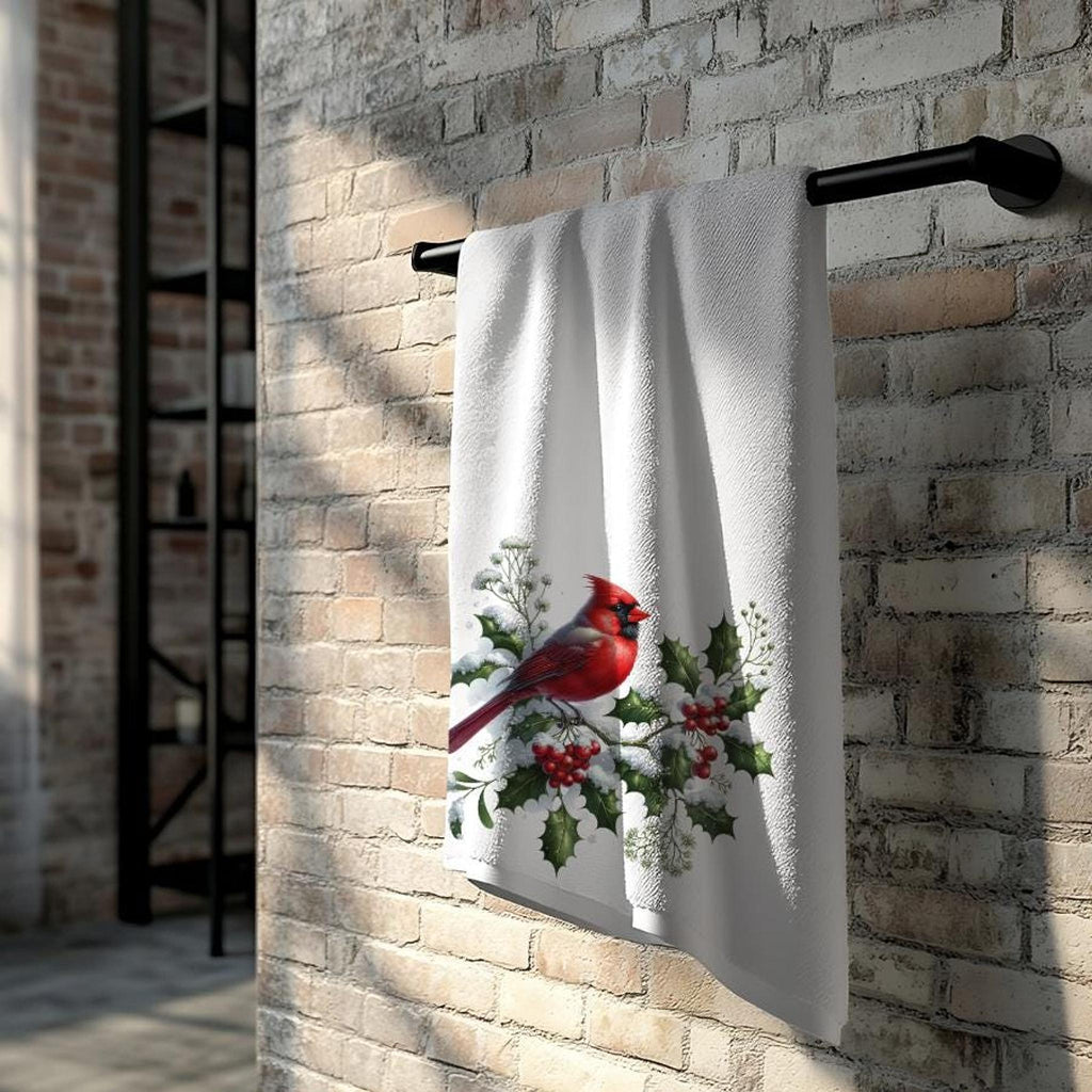 Holly Berry Cardinal Bath Towel, Winter Bathroom Decor with Red Bird