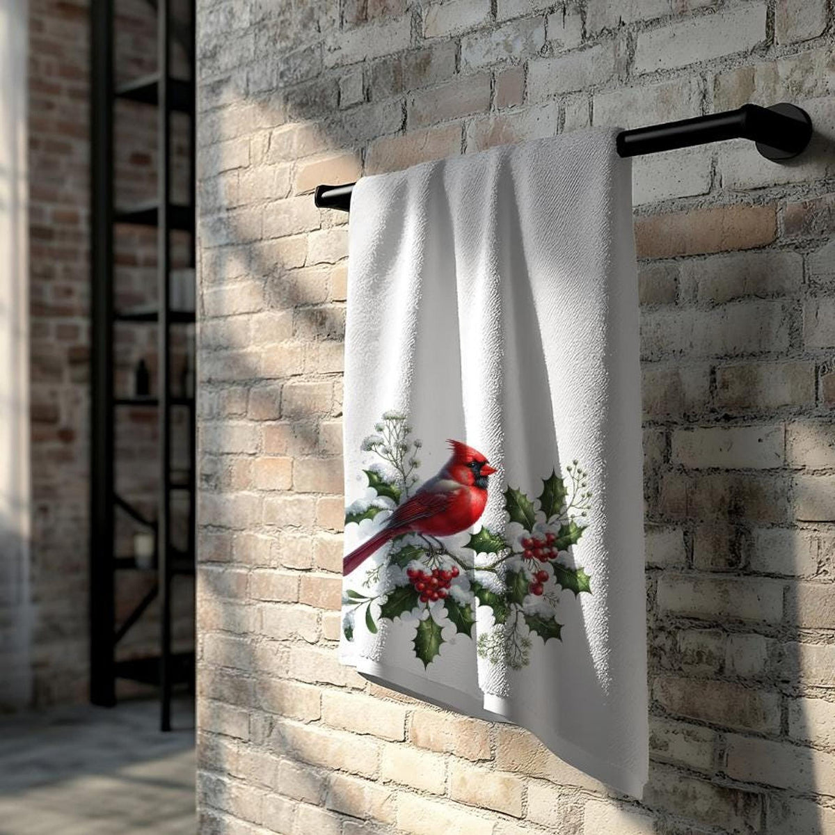 Holly Berry Cardinal Bath Towel, Winter Bathroom Decor with Red Bird
