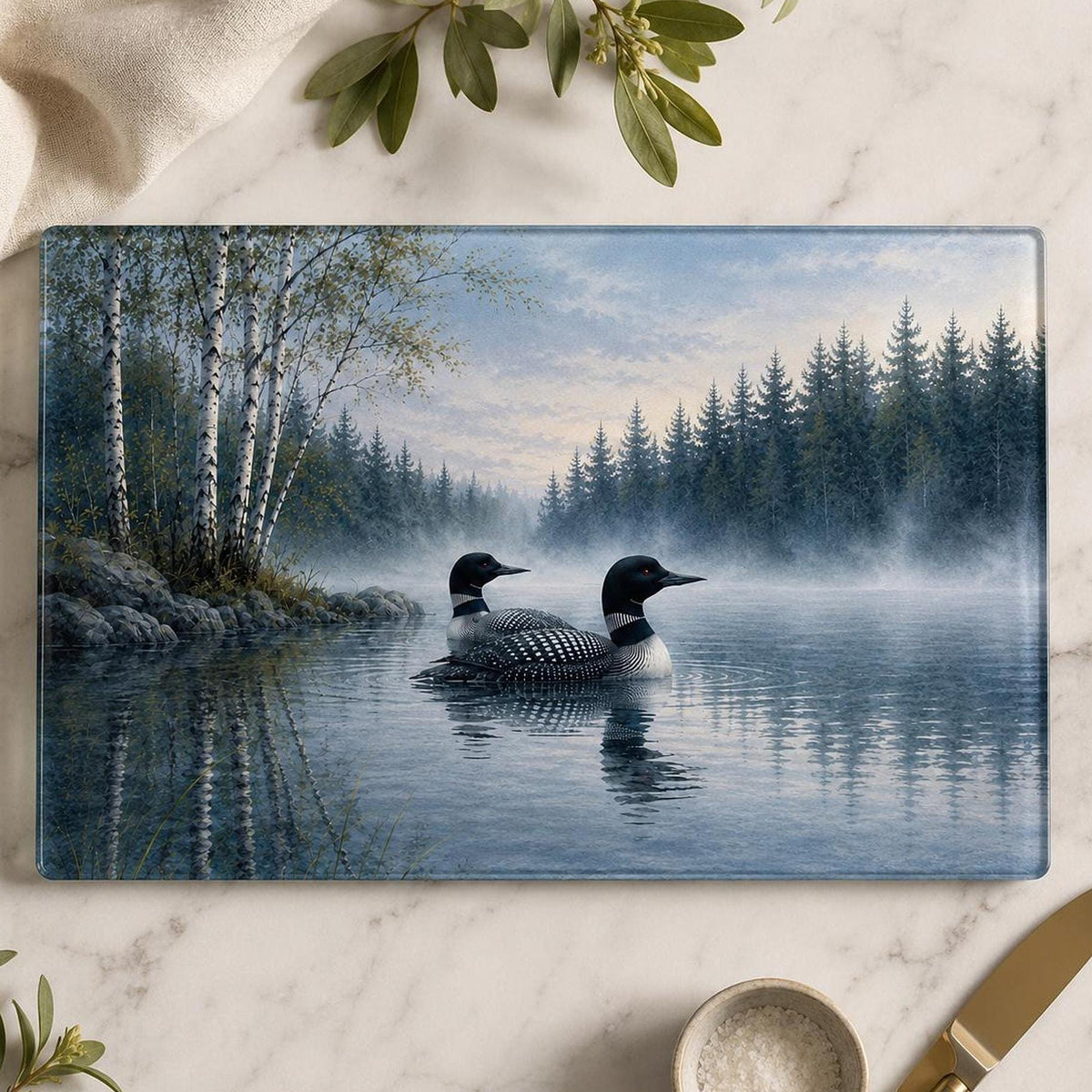 Loon Cutting Board, Tempered Glass with Scenic Lake Design