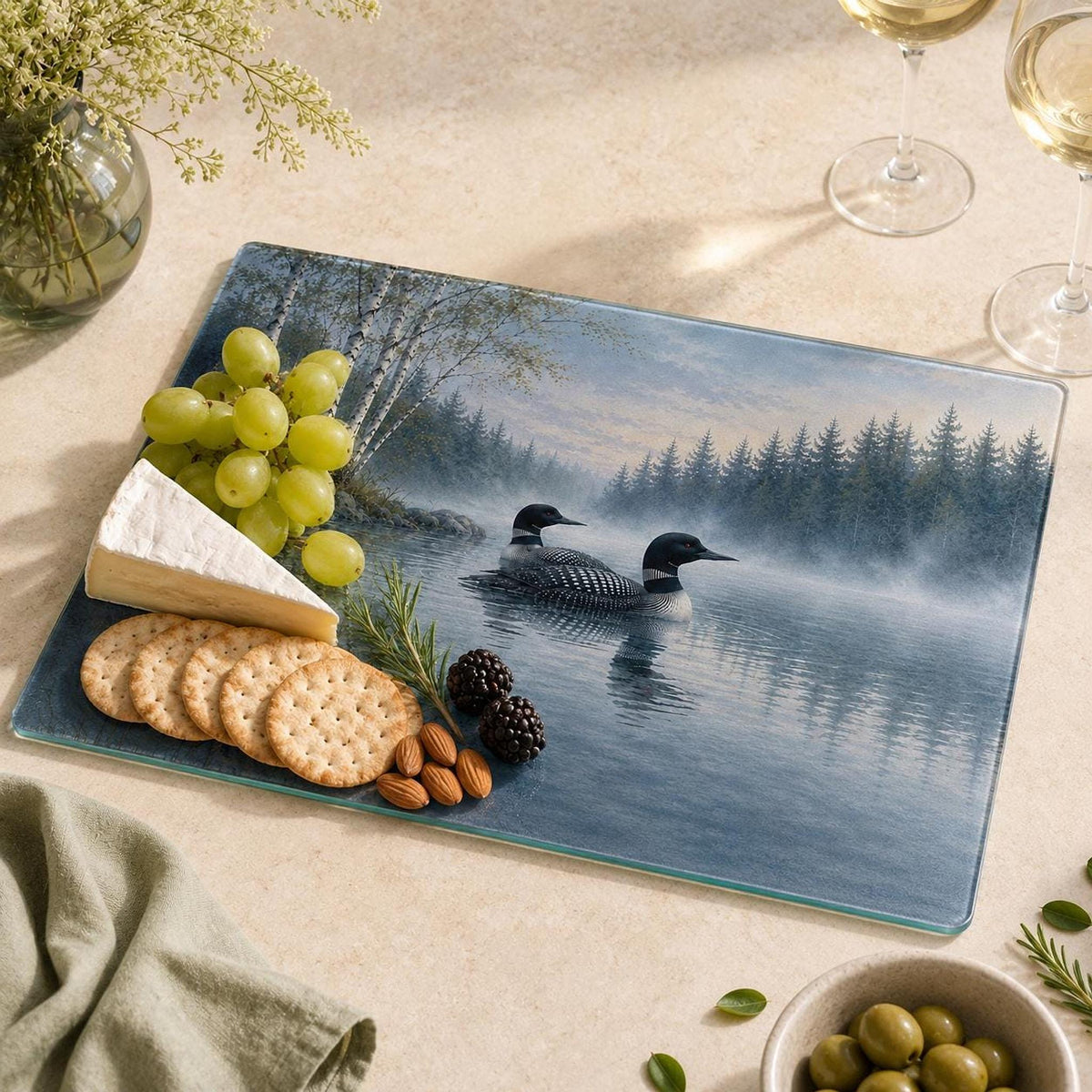 Loon Cutting Board, Tempered Glass with Scenic Lake Design