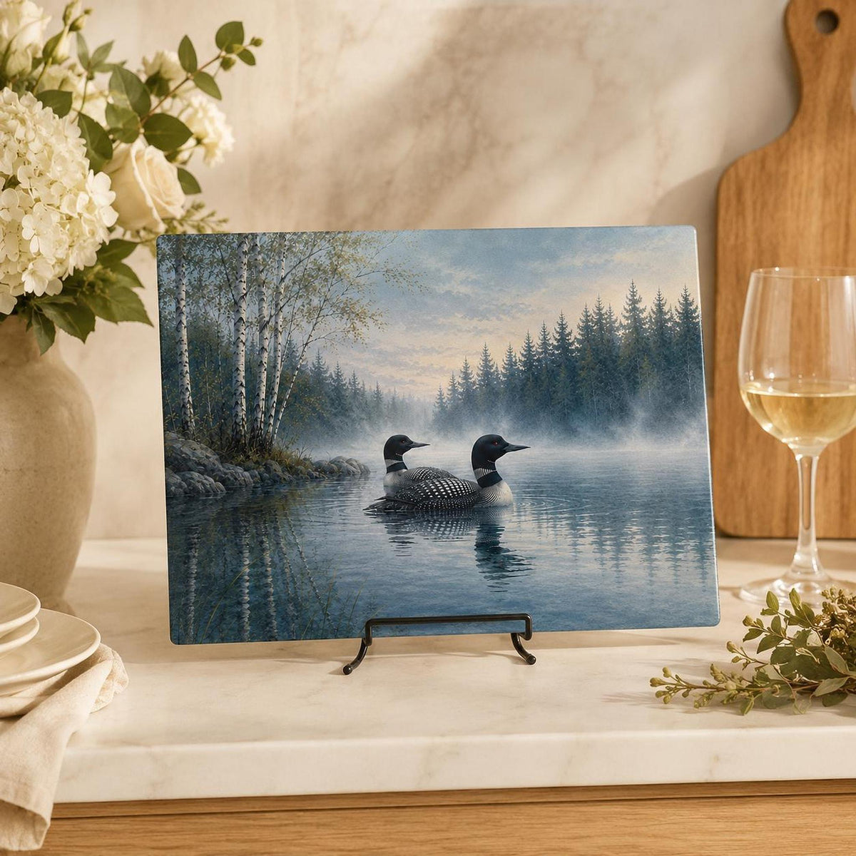 Loon Cutting Board, Tempered Glass with Scenic Lake Design