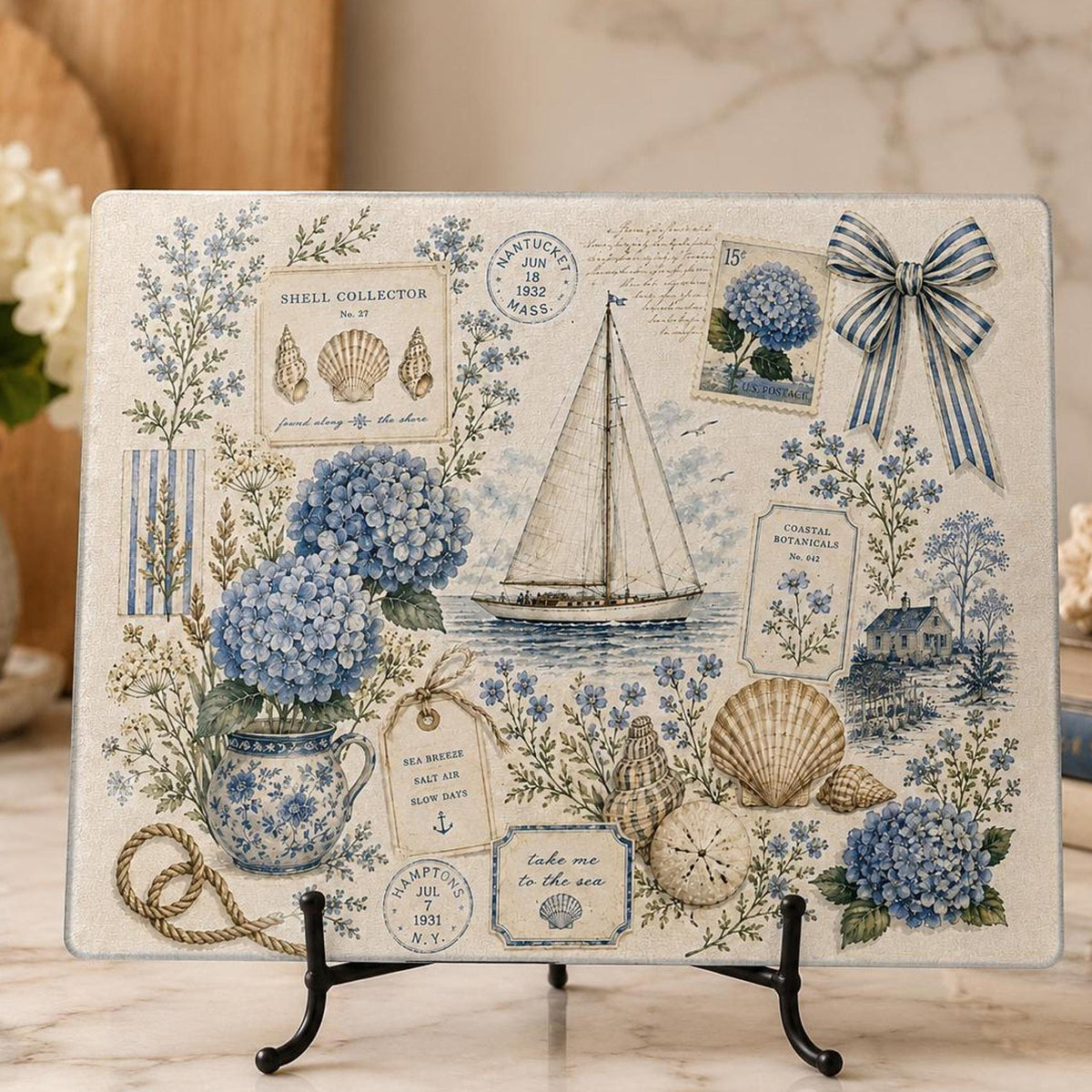 Glass Cutting Board with Hydrangeas, Nautical Charcuterie Tray