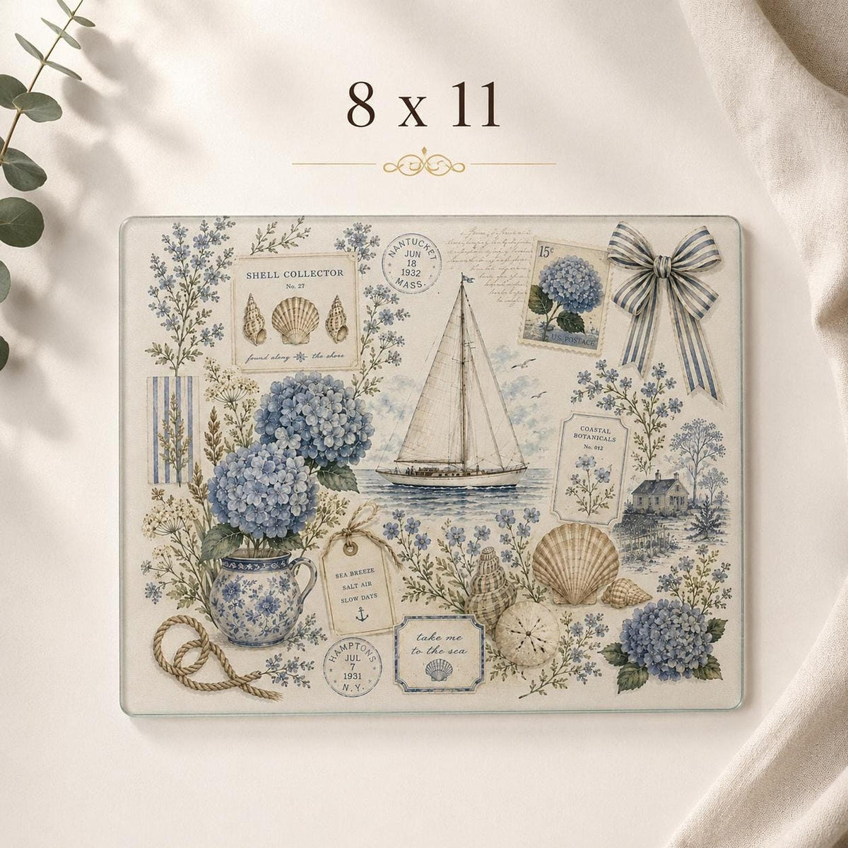 Glass Cutting Board with Hydrangeas, Nautical Charcuterie Tray
