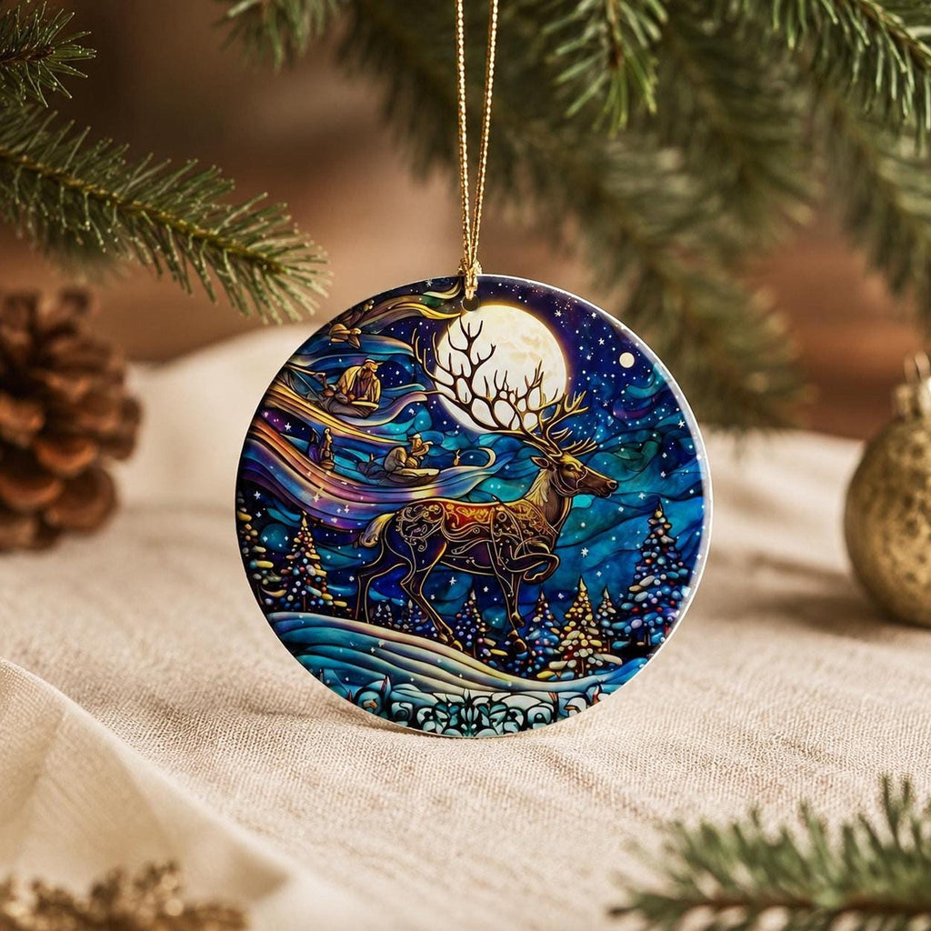 Ceramic Reindeer Ornament, Winter Wildlife Scene with Moonlit Stag