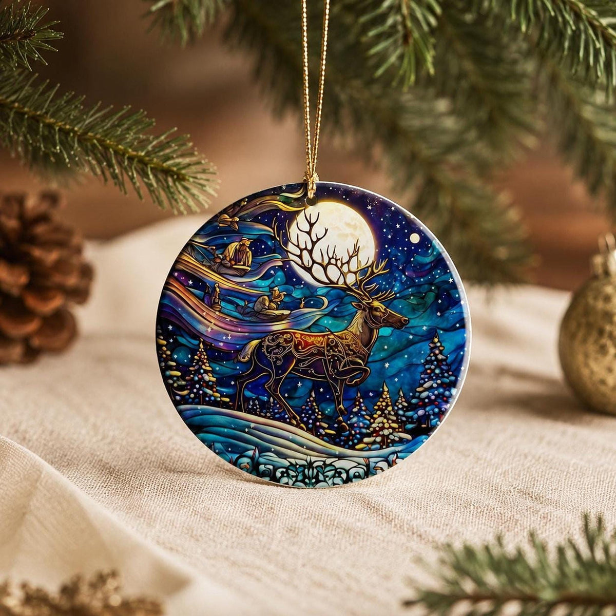 Ceramic Reindeer Ornament, Winter Wildlife Scene with Moonlit Stag