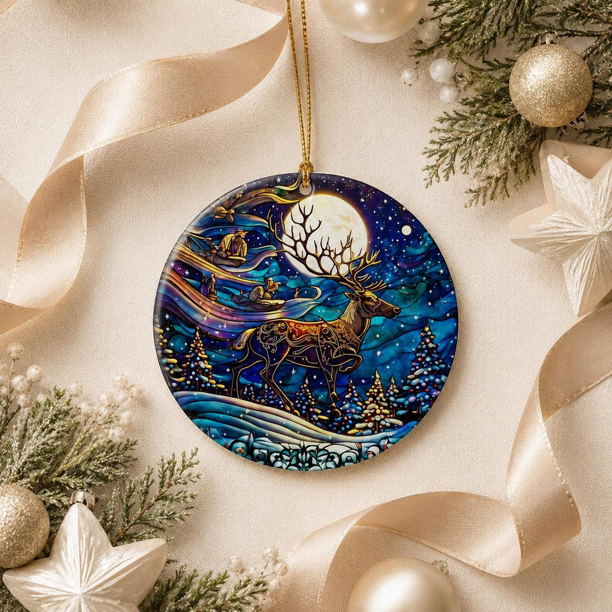 Ceramic Reindeer Ornament, Winter Wildlife Scene with Moonlit Stag