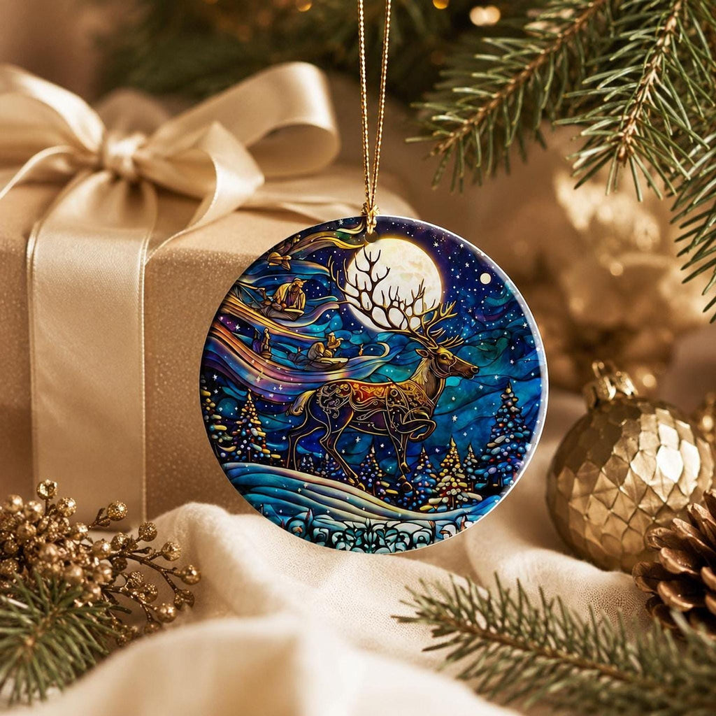 Ceramic Reindeer Ornament, Winter Wildlife Scene with Moonlit Stag
