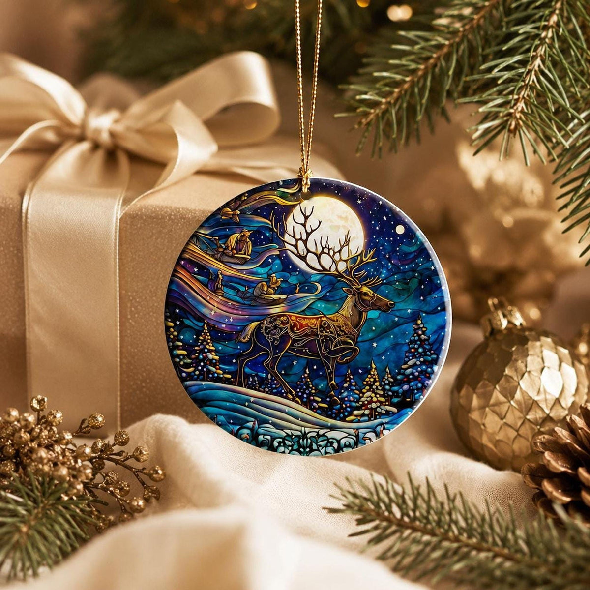 Ceramic Reindeer Ornament, Winter Wildlife Scene with Moonlit Stag