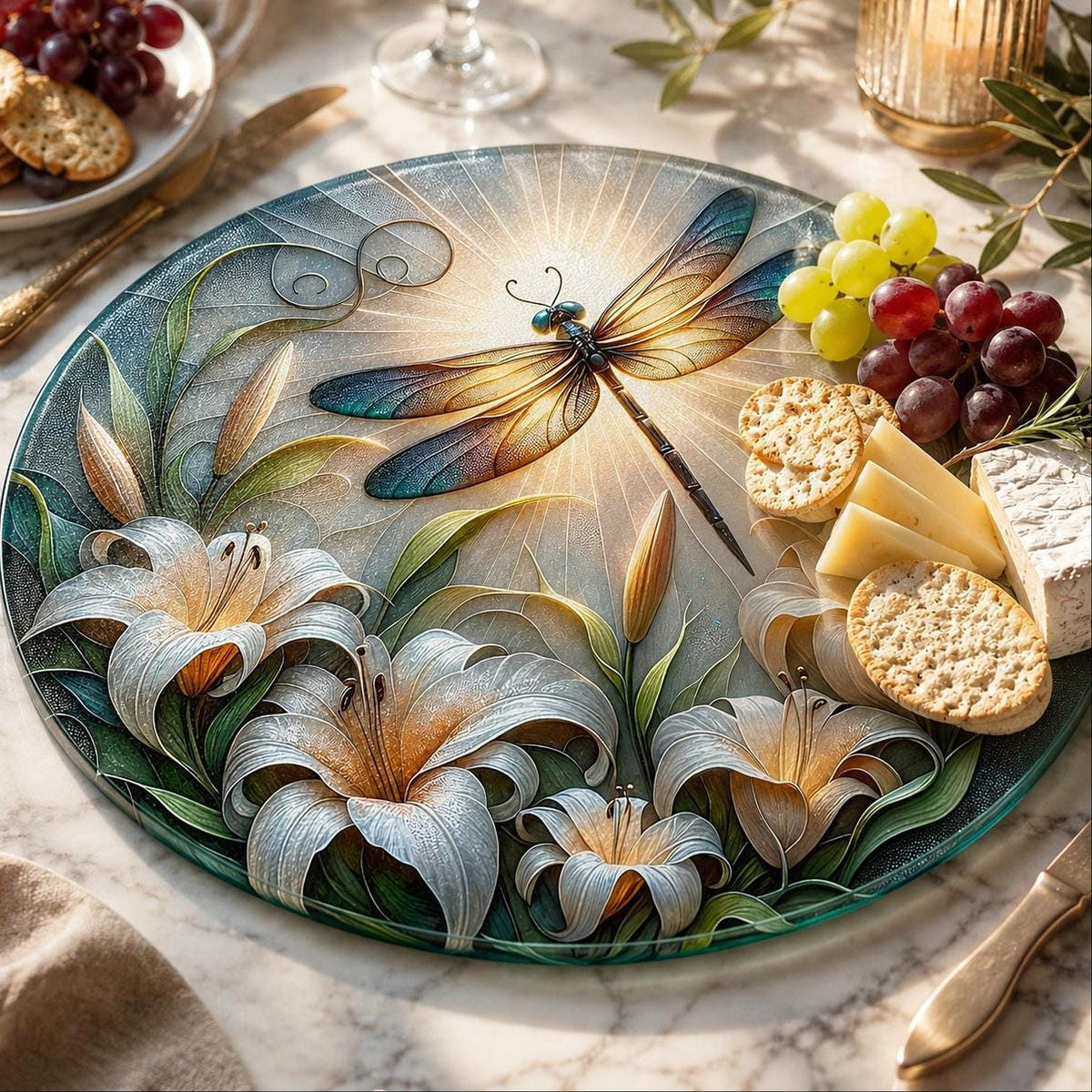 Dragonfly Gift Glass Cutting Board, Round Tempered Charcuterie Tray