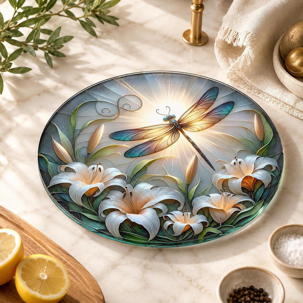 Dragonfly Gift Glass Cutting Board, Round Tempered Charcuterie Tray