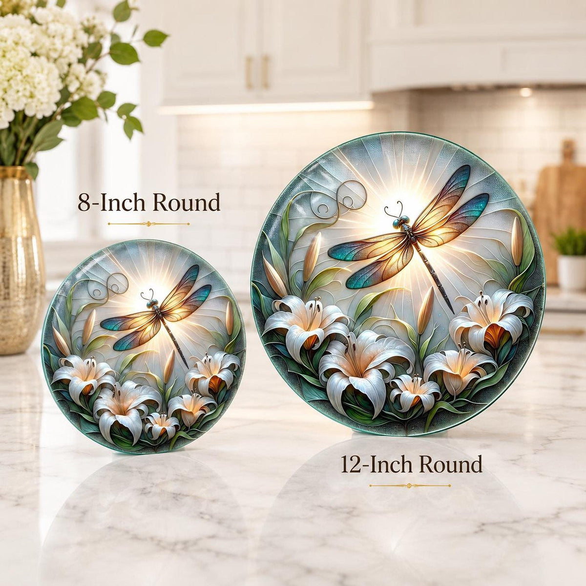 Dragonfly Gift Glass Cutting Board, Round Tempered Charcuterie Tray