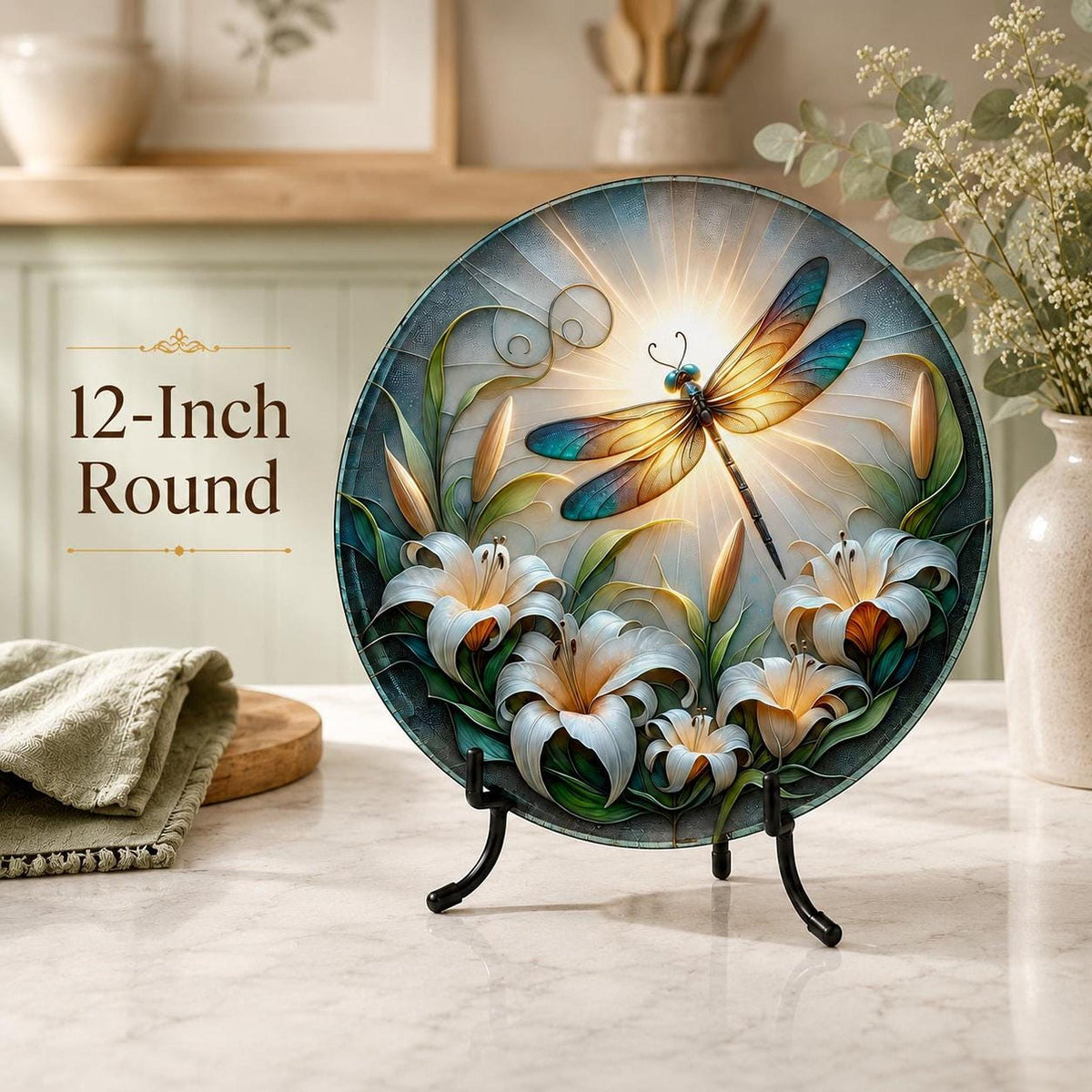 Dragonfly Gift Glass Cutting Board, Round Tempered Charcuterie Tray