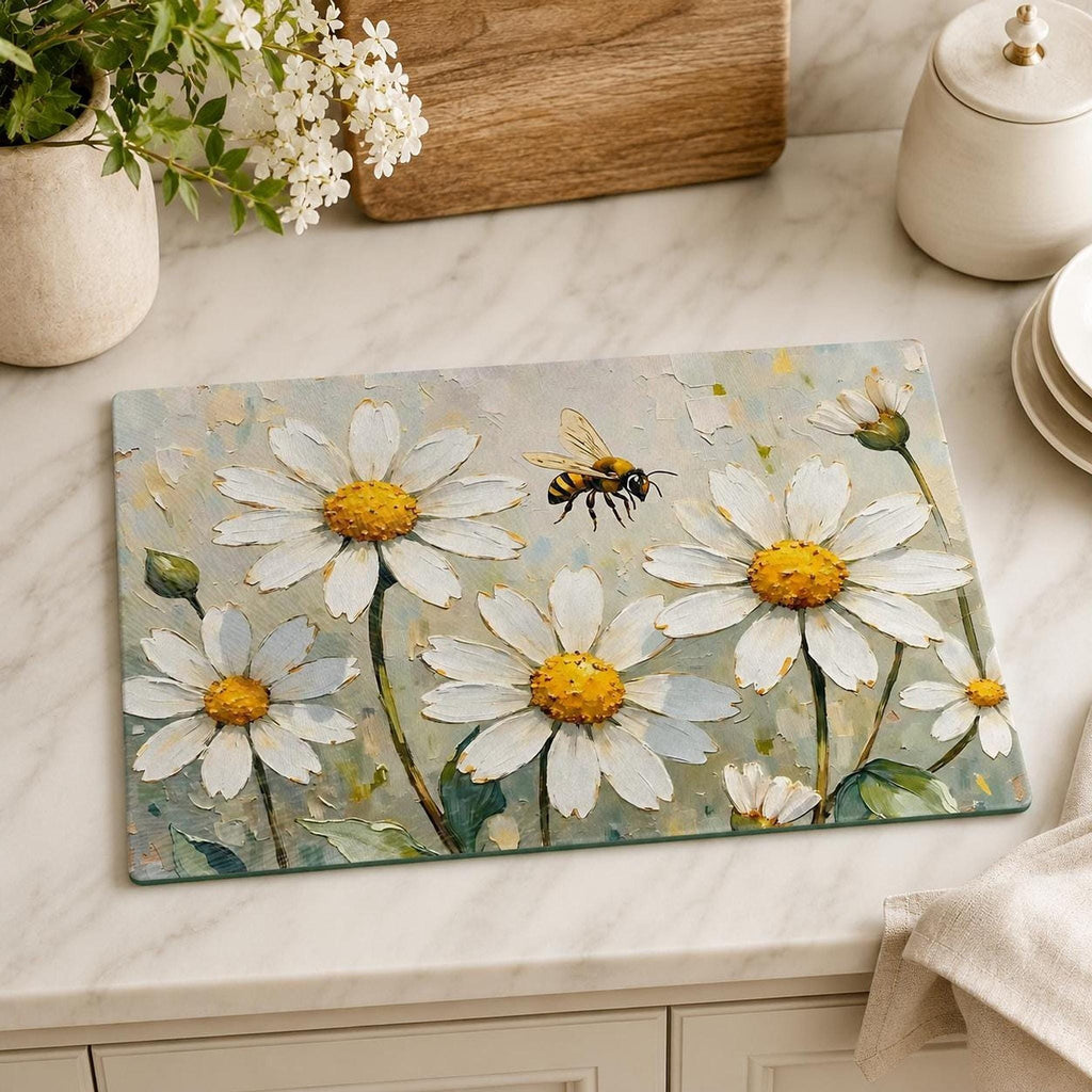 Daisy Cutting Board, Floral Tempered Glass with Bee Design