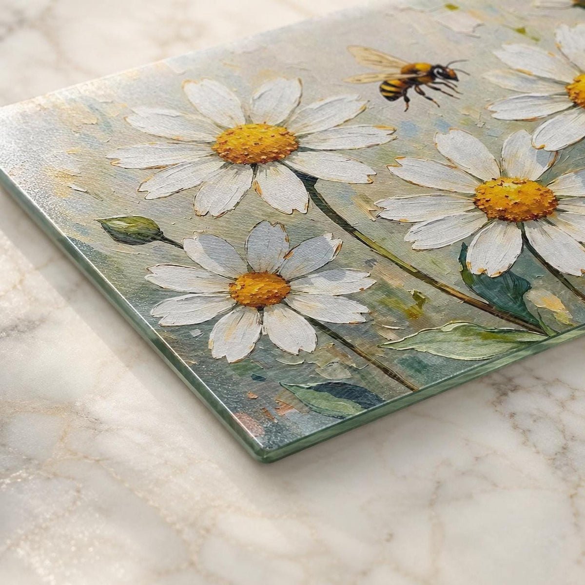 Daisy Cutting Board, Floral Tempered Glass with Bee Design