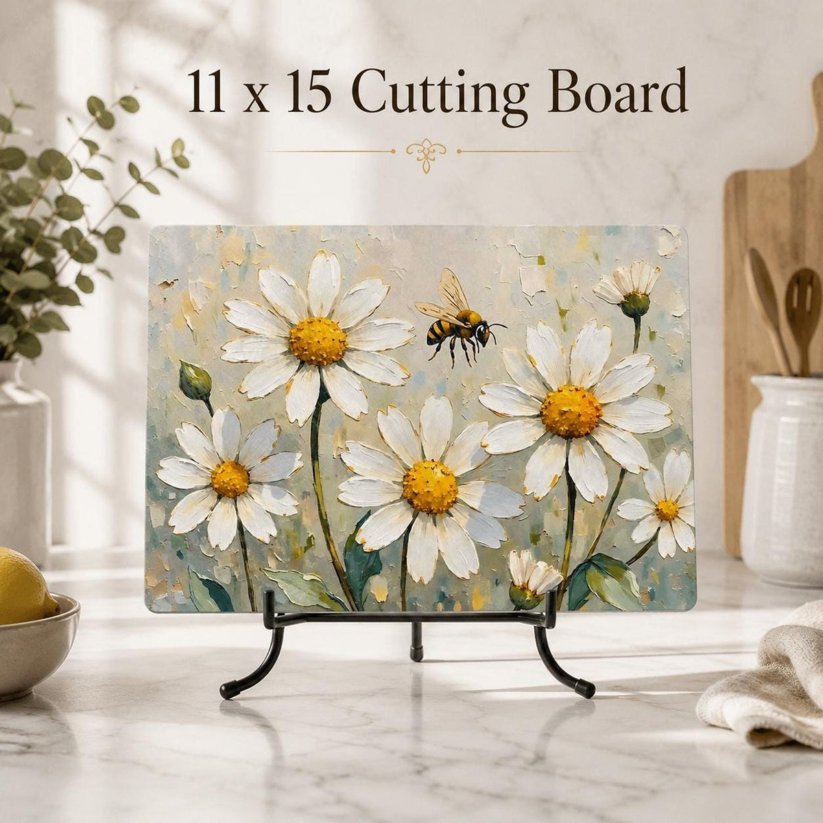 Daisy Cutting Board, Floral Tempered Glass with Bee Design