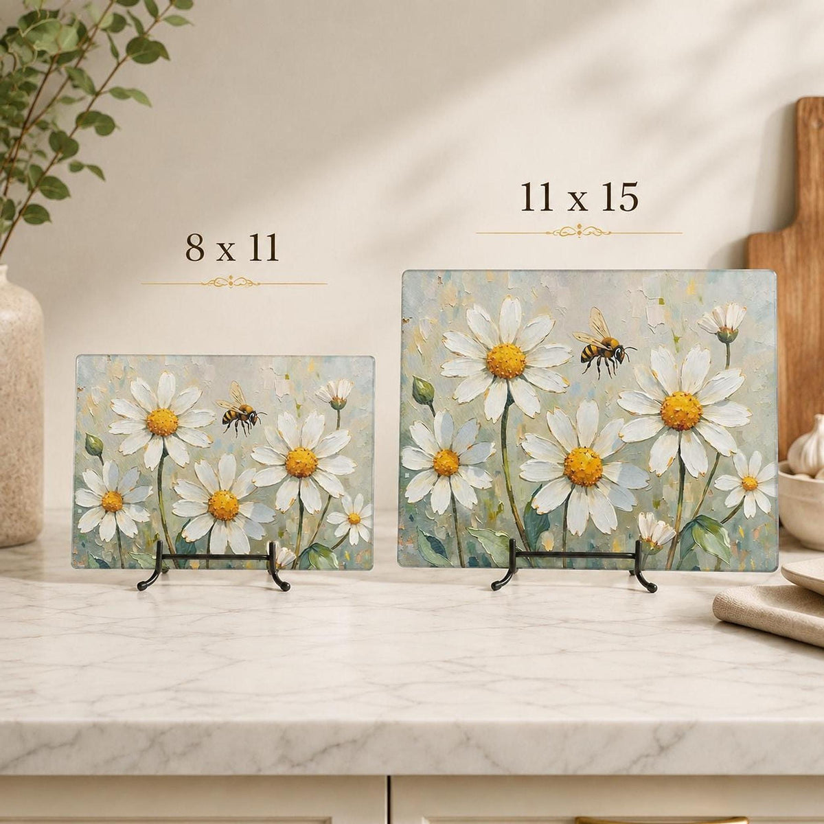 Daisy Cutting Board, Floral Tempered Glass with Bee Design