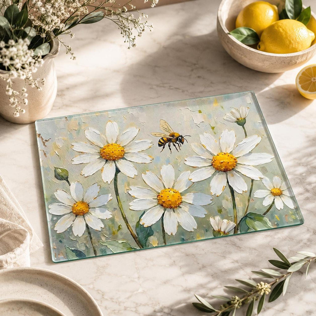 Daisy Cutting Board, Floral Tempered Glass with Bee Design