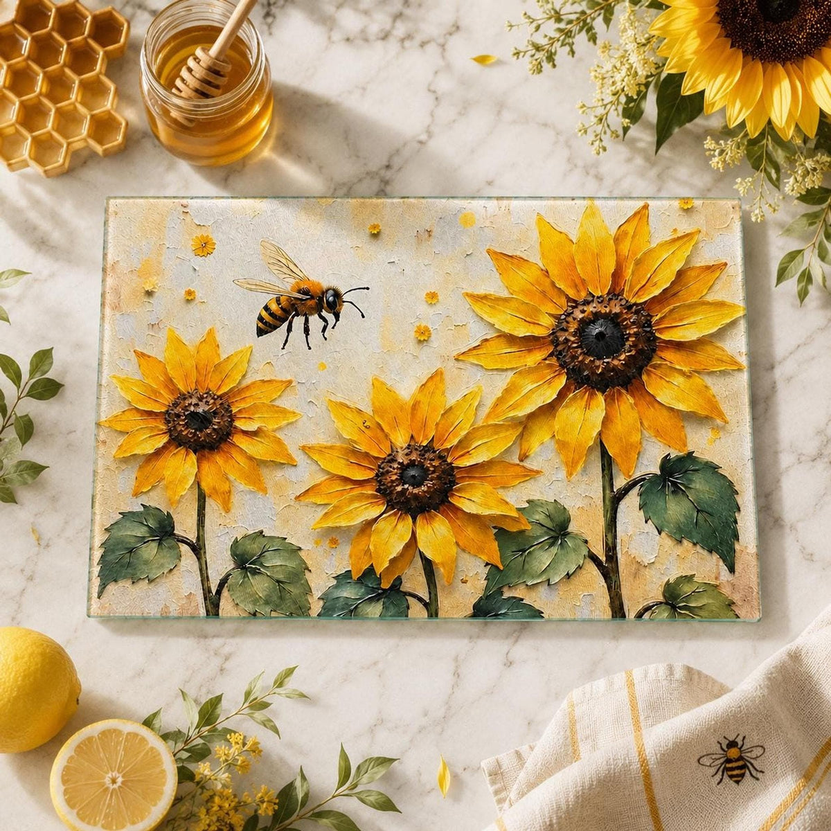 Sunflower Bee Glass Cutting Board, Tempered Charcuterie Tray