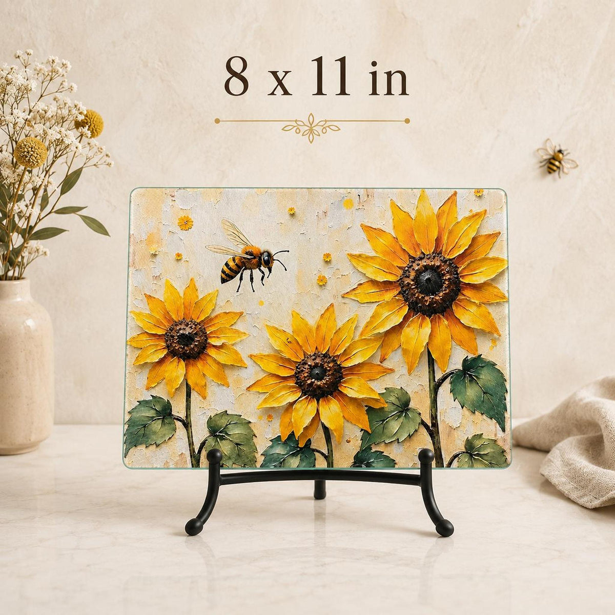 Sunflower Bee Glass Cutting Board, Tempered Charcuterie Tray