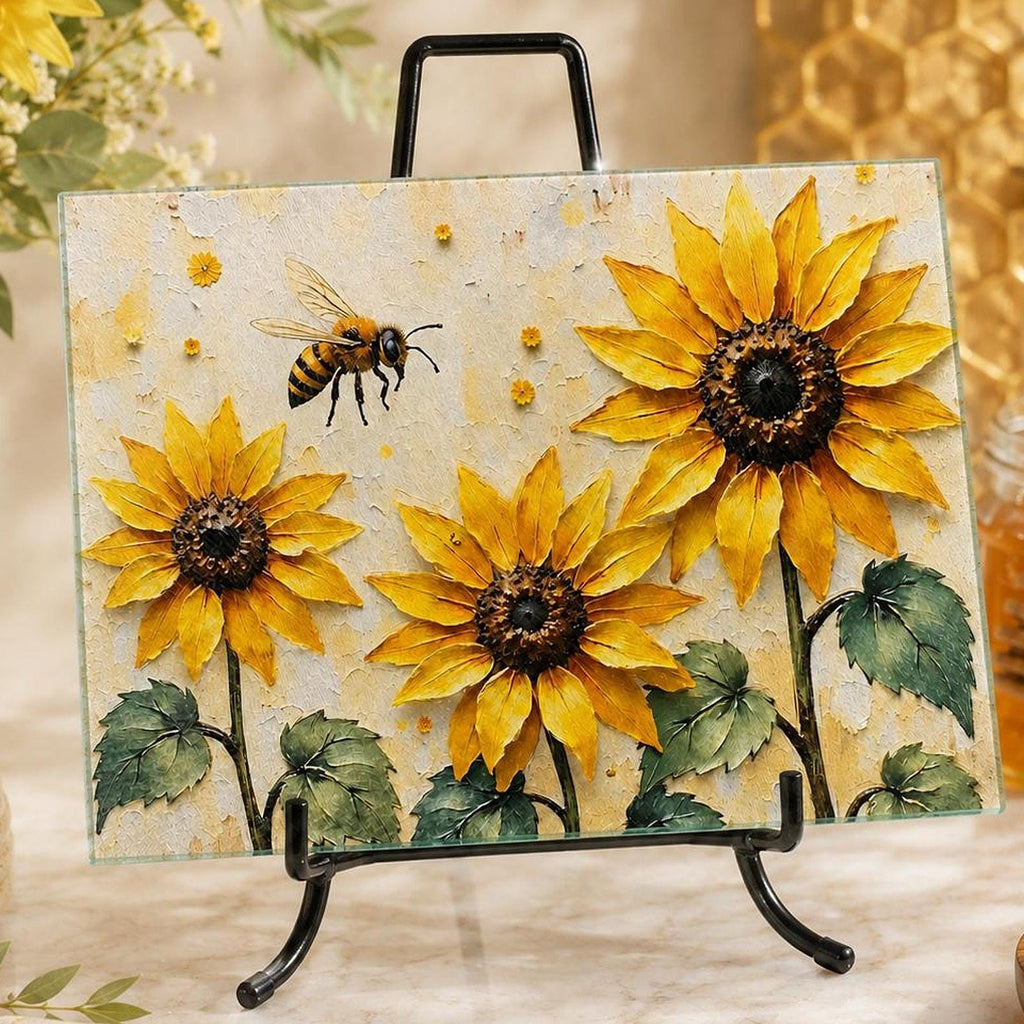 Sunflower Bee Glass Cutting Board, Tempered Charcuterie Tray