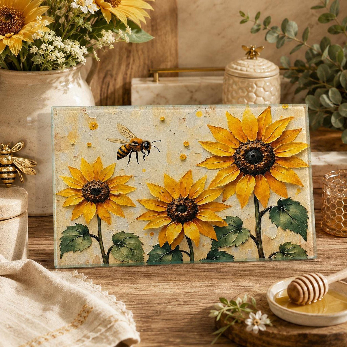 Sunflower Bee Glass Cutting Board, Tempered Charcuterie Tray