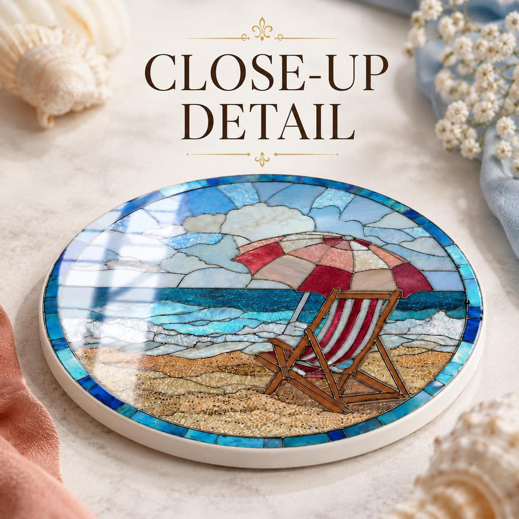 Beach Ceramic Coaster with Seaside Chair Design, Round Coastal Decor