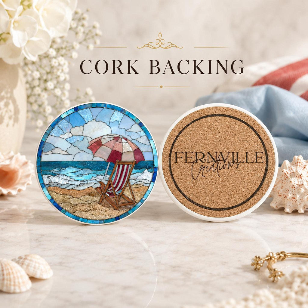 Beach Ceramic Coaster with Seaside Chair Design, Round Coastal Decor