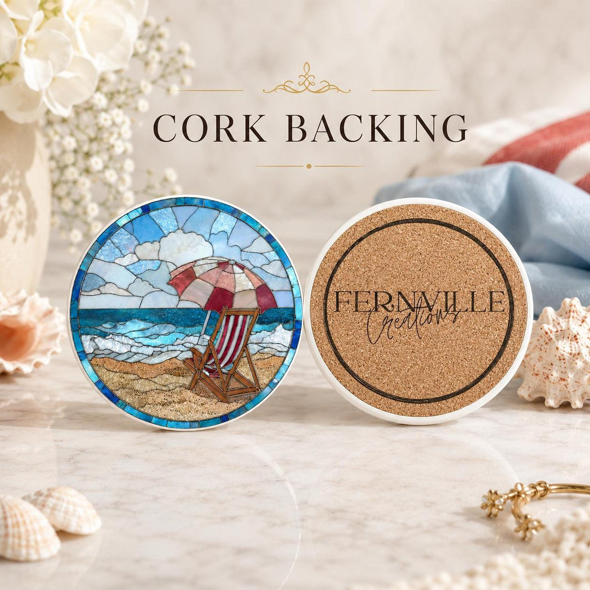 Beach Ceramic Coaster with Seaside Chair Design, Round Coastal Decor
