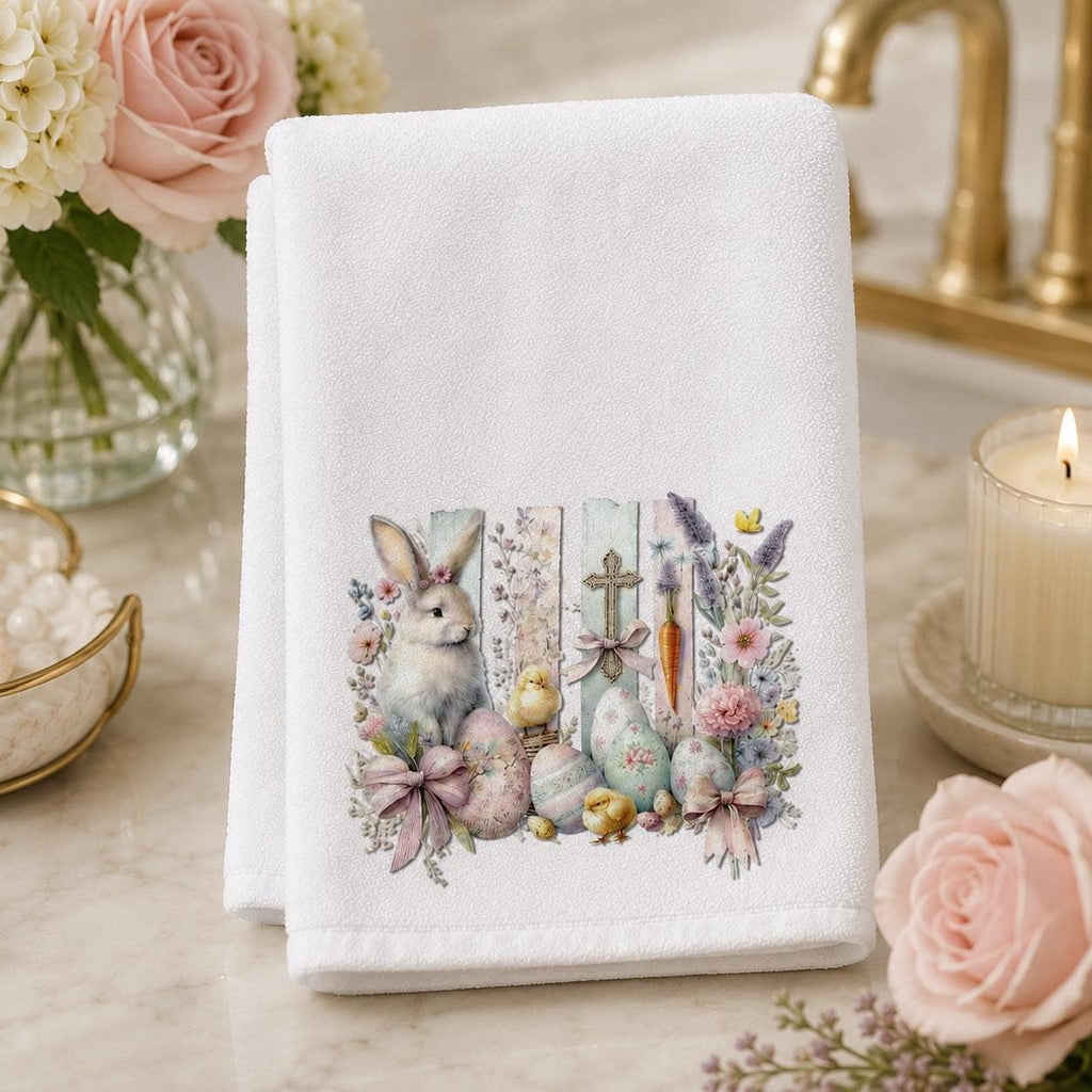 Easter Bunny Hand Towel, Whimsical Design with Pastel Floral Accents