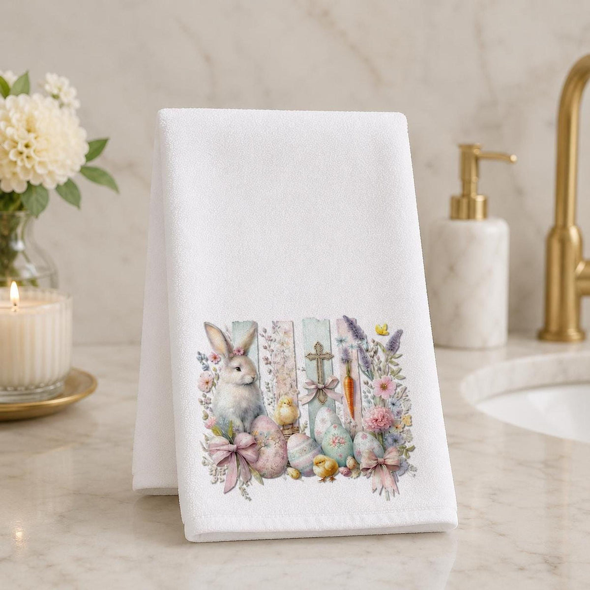 Easter Bunny Hand Towel, Whimsical Design with Pastel Floral Accents