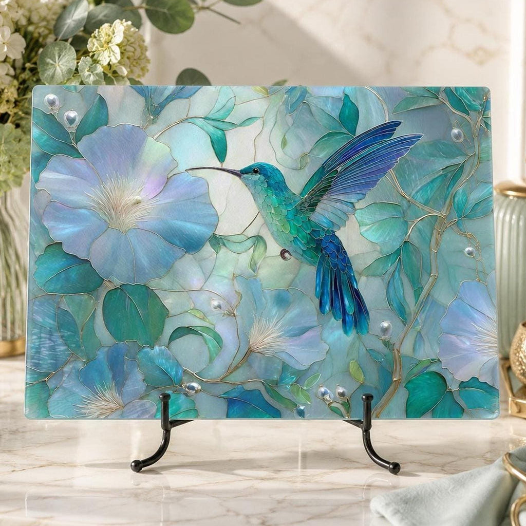 Hummingbird Decor Tempered Glass Cutting Board, Aqua Floral Charcuterie Platter