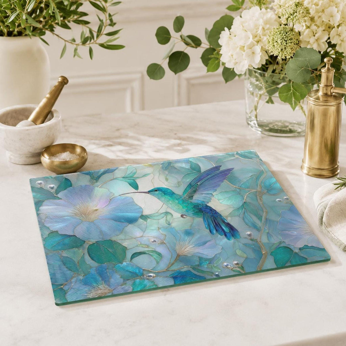 Hummingbird Decor Tempered Glass Cutting Board, Aqua Floral Charcuterie Platter