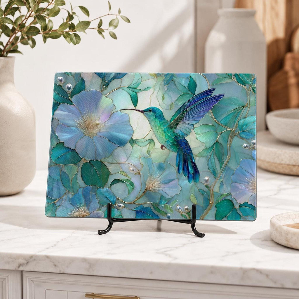 Hummingbird Decor Tempered Glass Cutting Board, Aqua Floral Charcuterie Platter