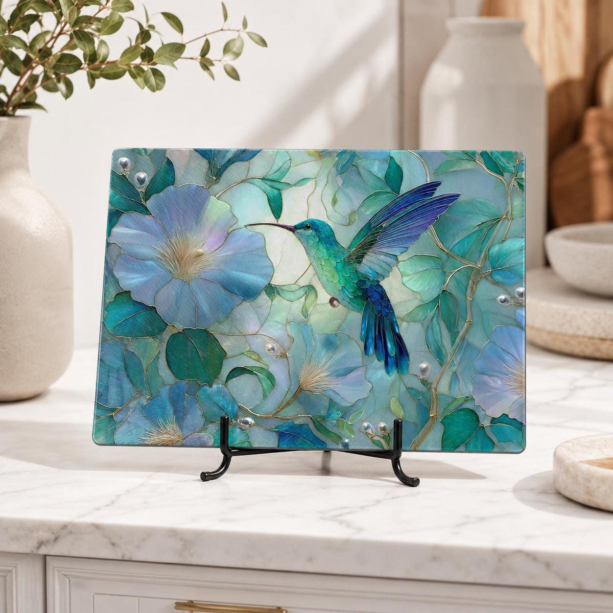 Hummingbird Decor Tempered Glass Cutting Board, Aqua Floral Charcuterie Platter