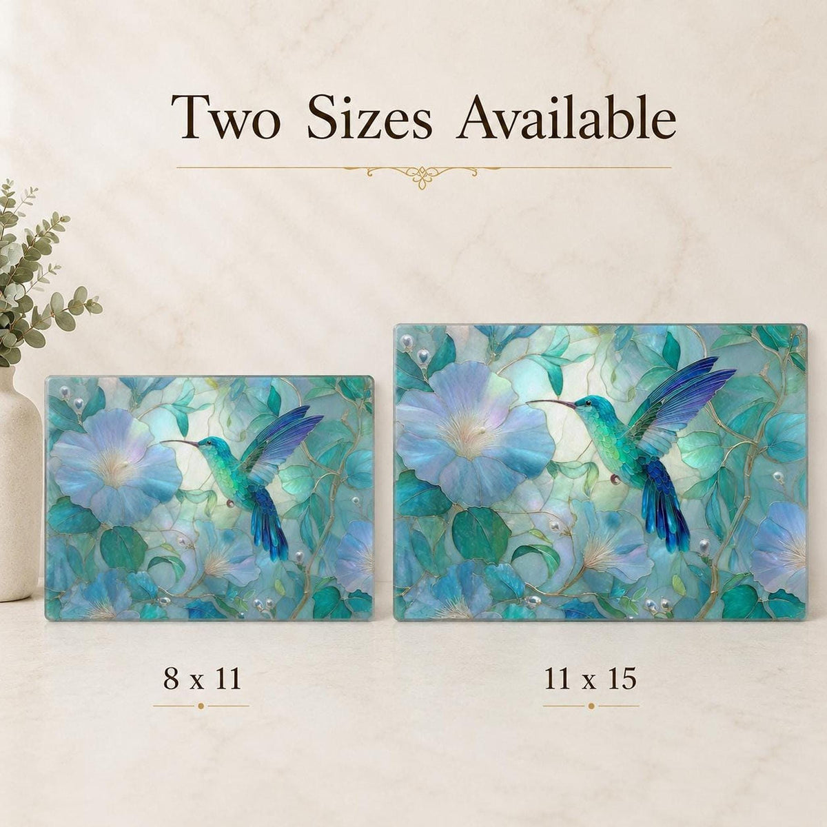 Hummingbird Decor Tempered Glass Cutting Board, Aqua Floral Charcuterie Platter