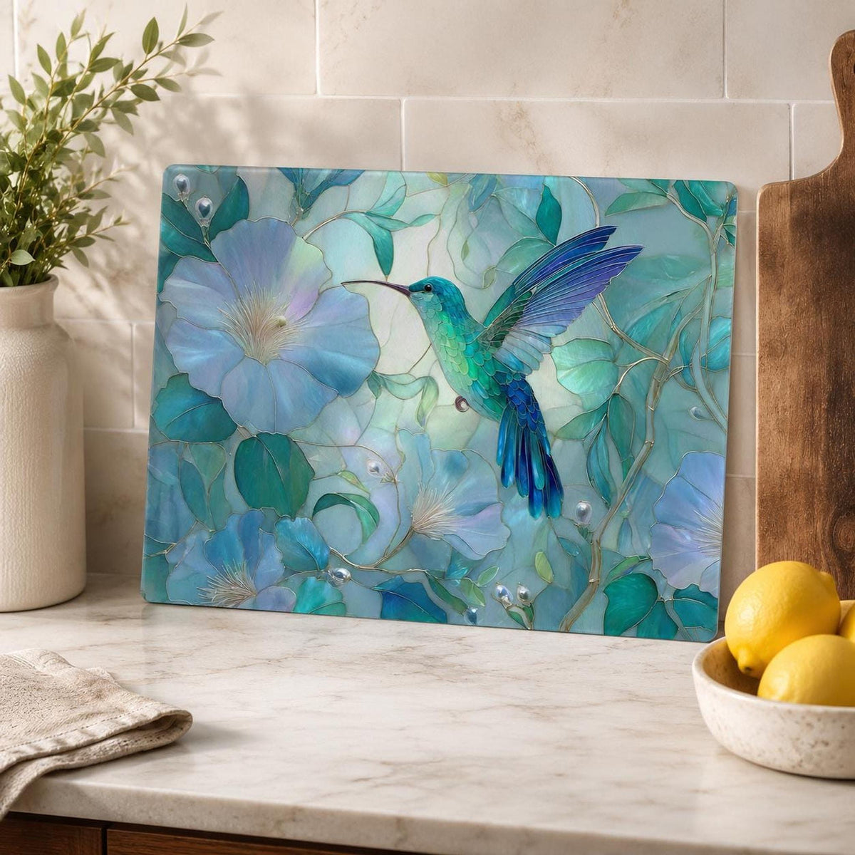 Hummingbird Decor Tempered Glass Cutting Board, Aqua Floral Charcuterie Platter