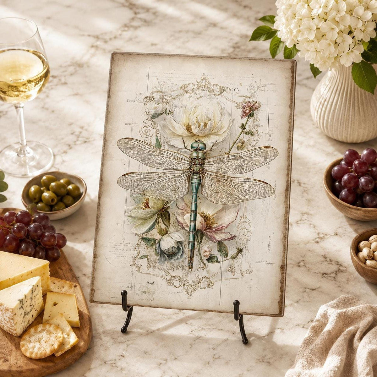 Dragonfly Glass Charcuterie Tray, Vintage Botanical Serving Board