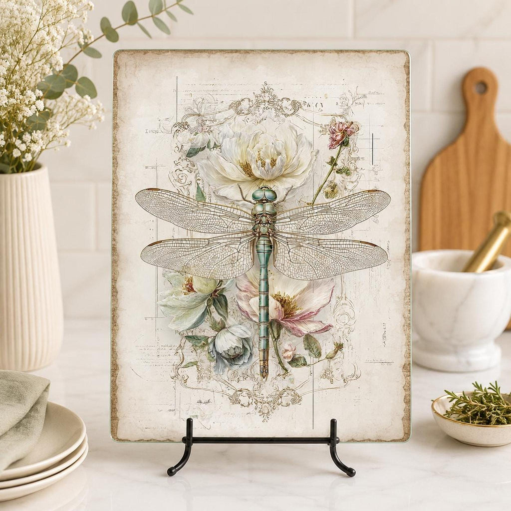 Dragonfly Glass Charcuterie Tray, Vintage Botanical Serving Board