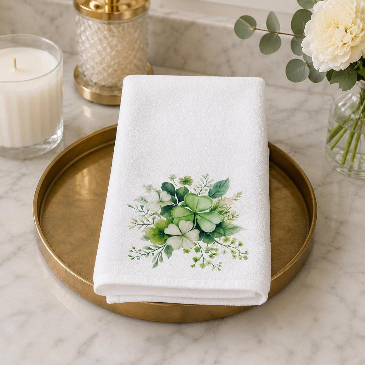 Clover Bath Decor Hand Towel, Botanical Shamrock Design for Spring