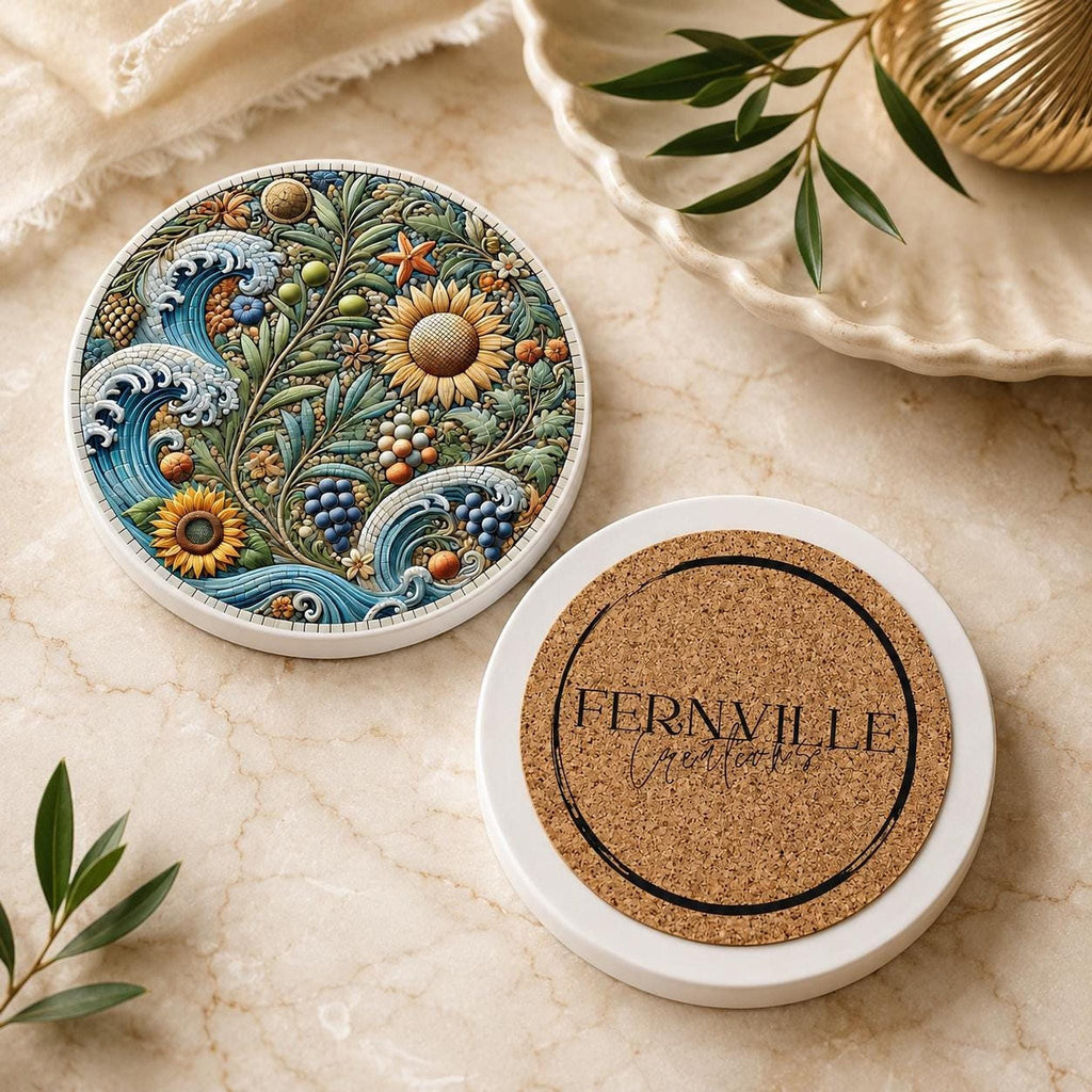 Sunflower Coaster, Ceramic Drink Mat with Coastal Botanical Design