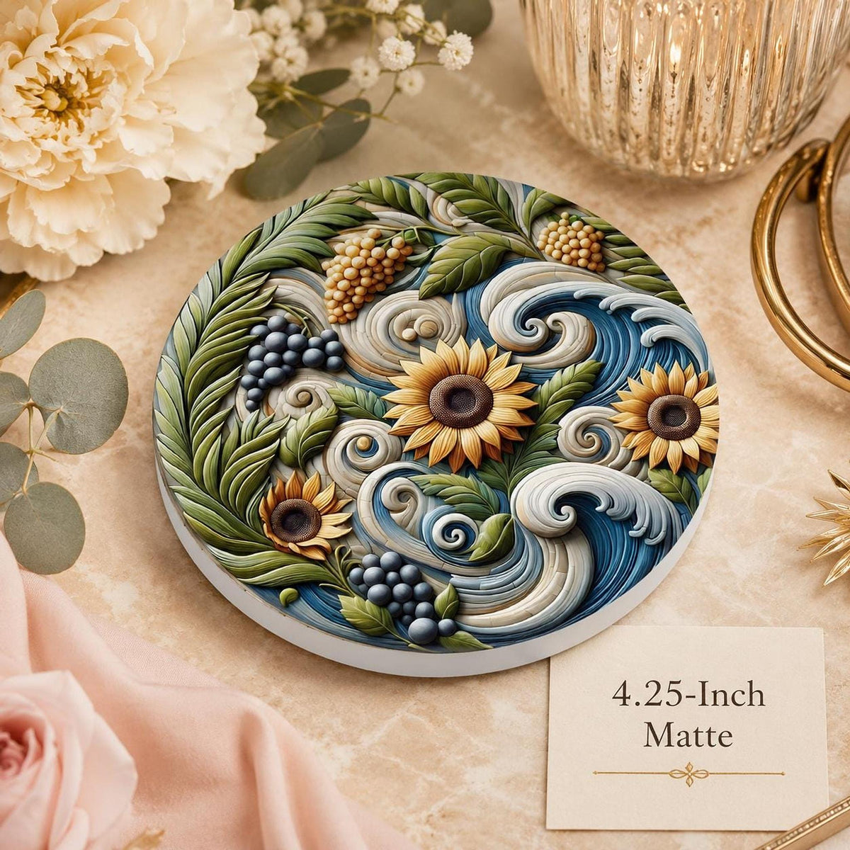 Sunflower Coaster, Smooth Ceramic Drink Mat with Botanical Design