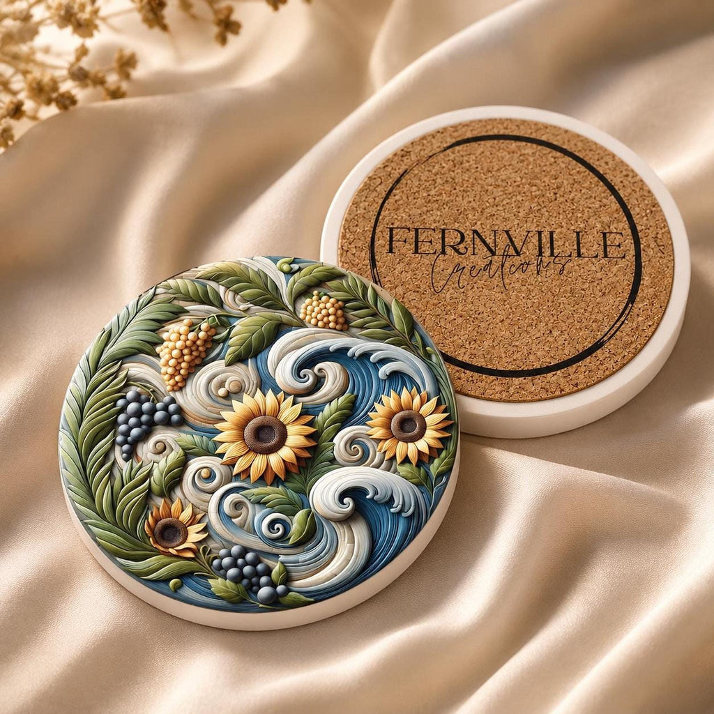 Sunflower Coaster, Smooth Ceramic Drink Mat with Botanical Design