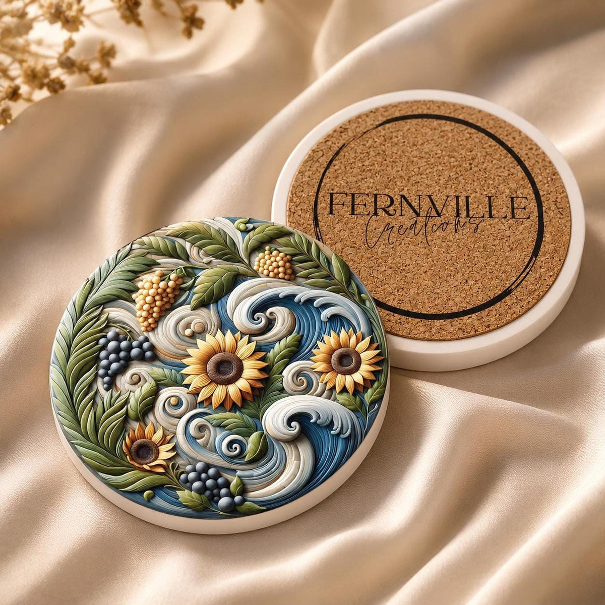 Sunflower Coaster, Smooth Ceramic Drink Mat with Botanical Design