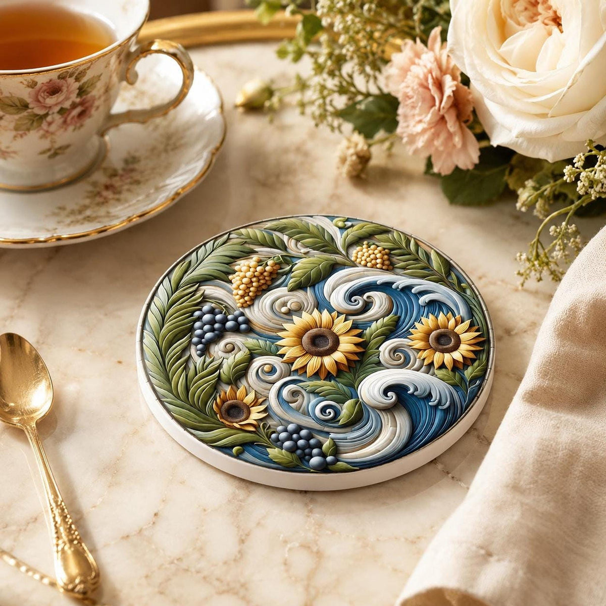 Sunflower Coaster, Smooth Ceramic Drink Mat with Botanical Design